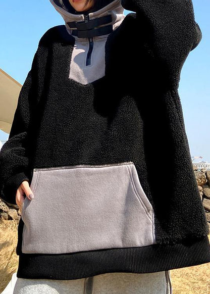 Women hooded zippered spring clothes black fuzzy wool tops - SooLinen