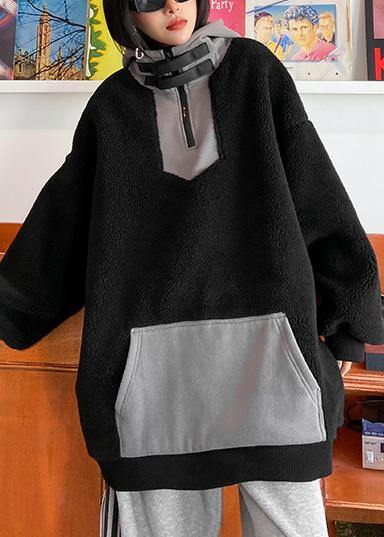 Women hooded zippered spring clothes black fuzzy wool tops - SooLinen