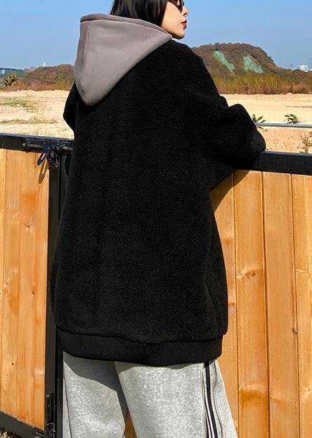 Women hooded zippered spring clothes black fuzzy wool tops - SooLinen