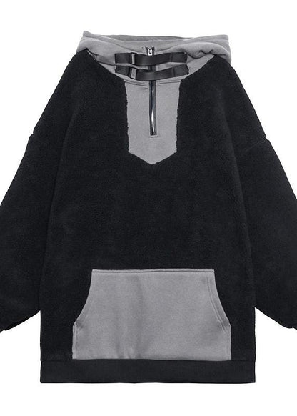 Women hooded zippered spring clothes black fuzzy wool tops - SooLinen