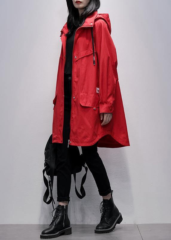 Women hooded zippered  crane coats red Letter Midi outwear - SooLinen