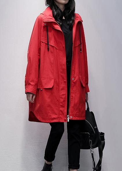 Women hooded zippered  crane coats red Letter Midi outwear - SooLinen