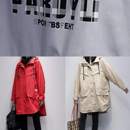 Women hooded zippered  crane coats red Letter Midi outwear - SooLinen