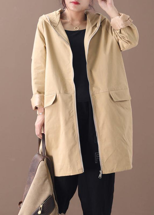 Women khaki Fashion trench coat Work hooded zippered fall coat - SooLinen