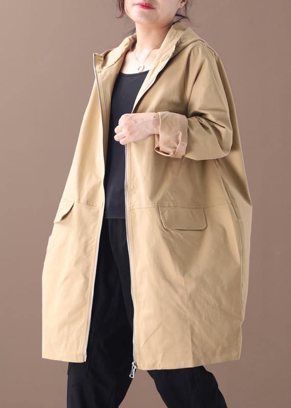Women khaki Fashion trench coat Work hooded zippered fall coat - SooLinen