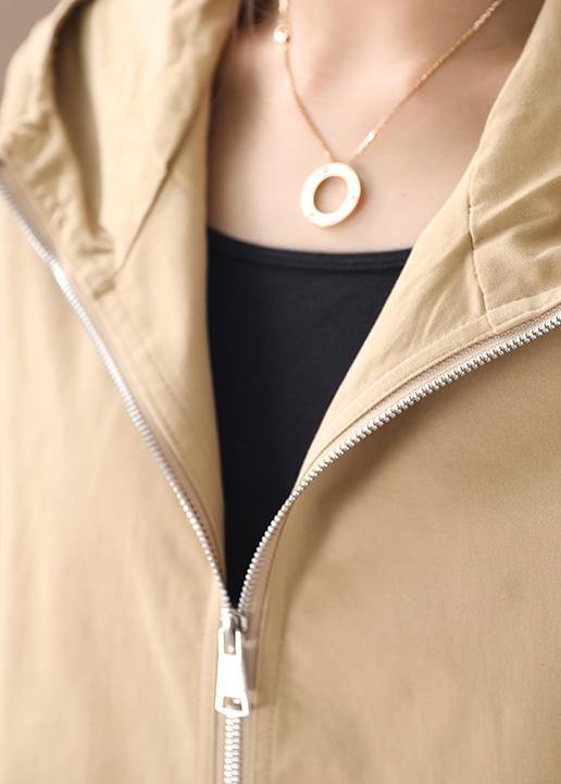 Women khaki Fashion trench coat Work hooded zippered fall coat - SooLinen