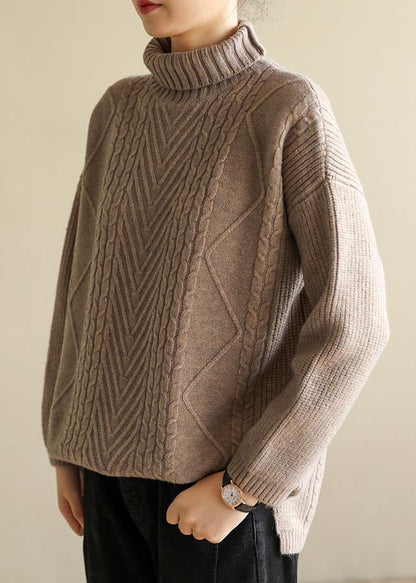 Women khaki knitted top cable trendy plus size high neck sweaters - SooLinen