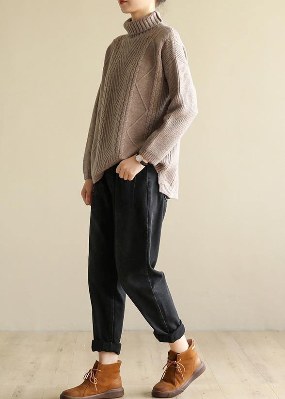 Women khaki knitted top cable trendy plus size high neck sweaters - SooLinen