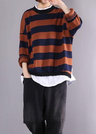 Women khaki striped cotton tunics for women false two pieces daily autumn shirt - SooLinen