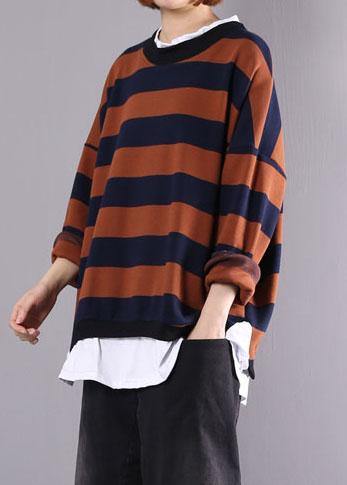 Women khaki striped cotton tunics for women false two pieces daily autumn shirt - SooLinen