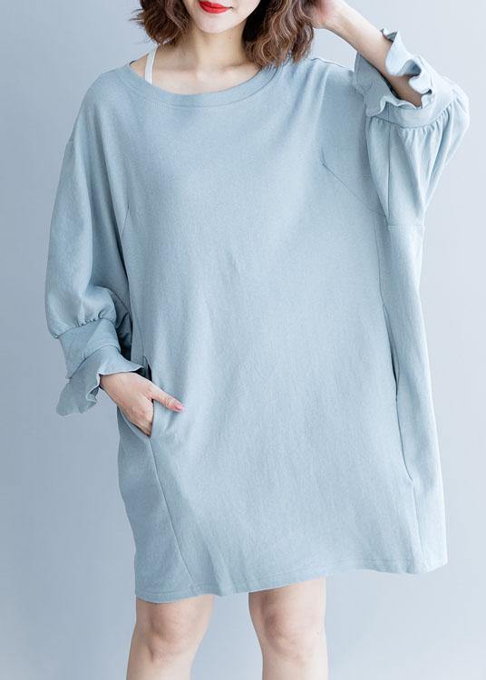 Women lantern sleeve Cotton dress Inspiration light blue Dress fall - SooLinen
