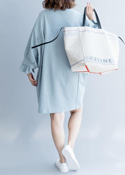 Women lantern sleeve Cotton dress Inspiration light blue Dress fall - SooLinen