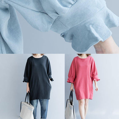 Women lantern sleeve Cotton dress Inspiration light blue Dress fall - SooLinen