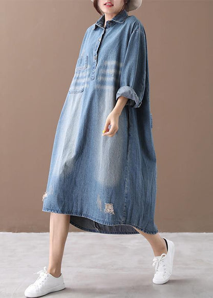 Women lapel Hole spring outfit Shape denim blue Dresses - SooLinen