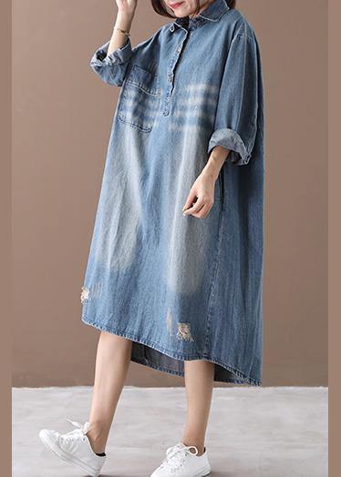 Women lapel Hole spring outfit Shape denim blue Dresses - SooLinen
