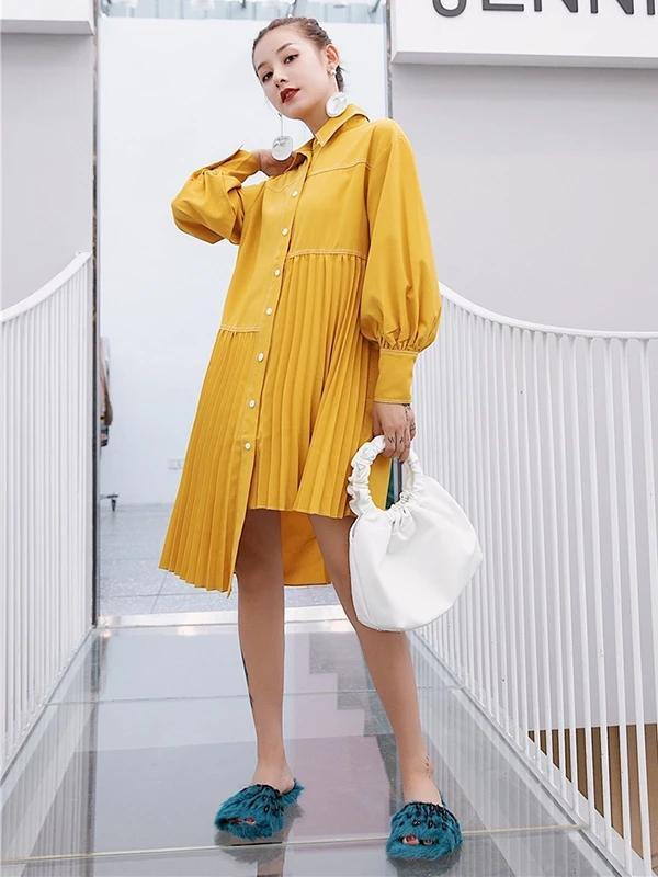 Women lapel asymmetric Cotton clothes Outfits yellow Dresses - SooLinen