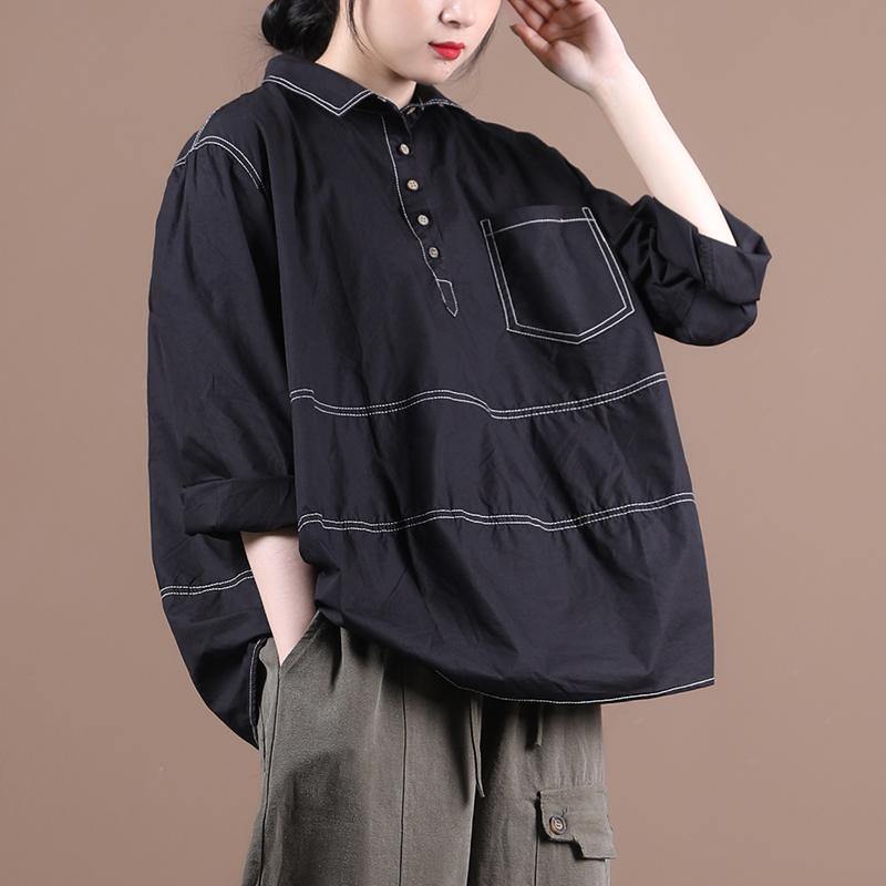 Women lapel baggy blouses for pattern black top - SooLinen