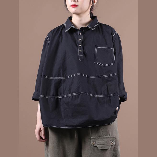 Women lapel baggy blouses for pattern black top - SooLinen