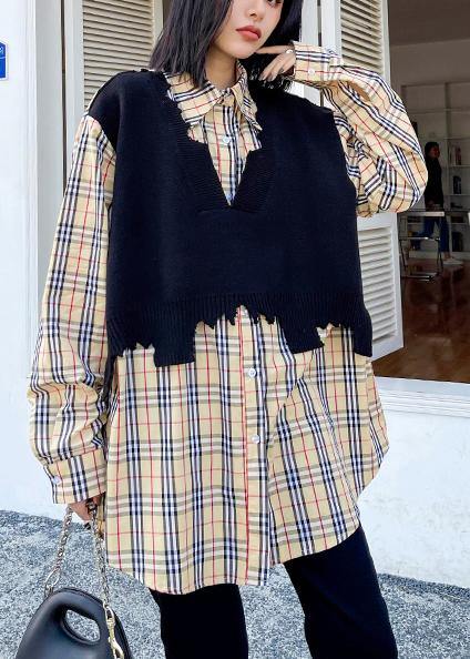 Women lapel false two pieces spring clothes plaid tops - SooLinen