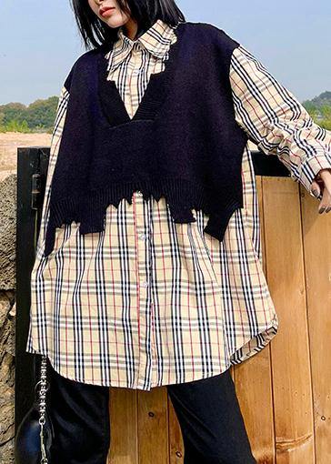 Women lapel false two pieces spring clothes plaid tops - SooLinen