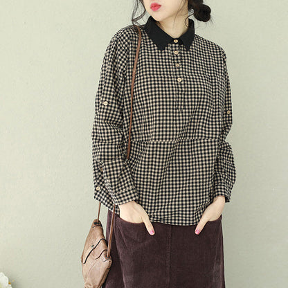 Damen Revers Leinenblusen für Frauen feine Tutorials schwarz Plaid Box Blusen