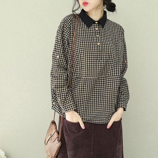 Damen Revers Leinenblusen für Frauen feine Tutorials schwarz Plaid Box Blusen