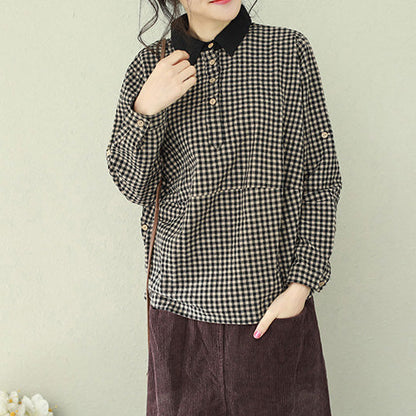 Damen Revers Leinenblusen für Frauen feine Tutorials schwarz Plaid Box Blusen