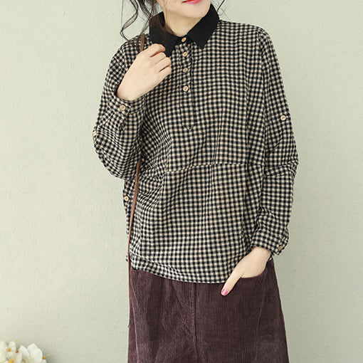 Damen Revers Leinenblusen für Frauen feine Tutorials schwarz Plaid Box Blusen