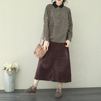 Damen Revers Leinenblusen für Frauen feine Tutorials schwarz Plaid Box Blusen