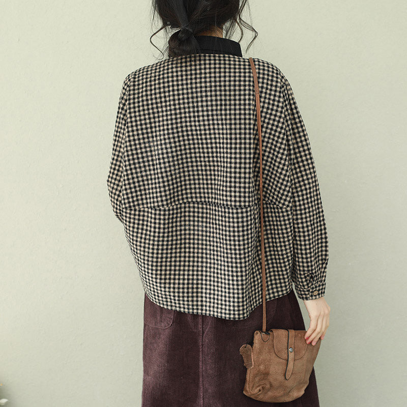 Damen Revers Leinenblusen für Frauen feine Tutorials schwarz Plaid Box Blusen