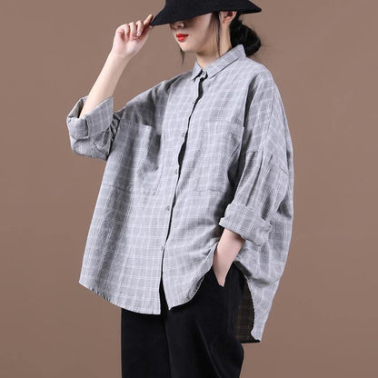 Women lapel pockets clothes Inspiration light gray plaid shirts - SooLinen