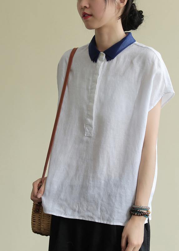 Women lapel side open linen clothes Cotton white shirt - SooLinen