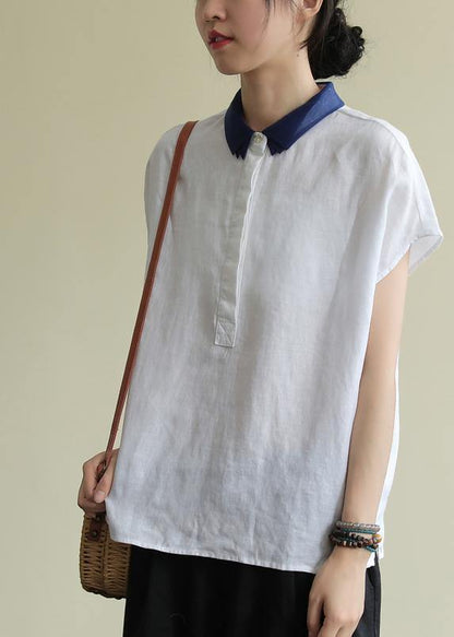 Women lapel side open linen clothes Cotton white shirt - SooLinen
