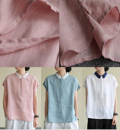 Women lapel side open linen clothes Cotton white shirt - SooLinen