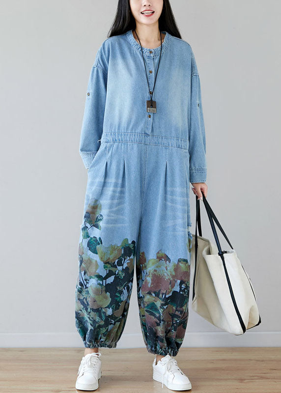 Frauen hellblaue Taschen O-Ausschnitt Print Denim Jumpsuit Frühling