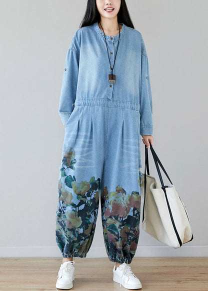 Frauen hellblaue Taschen O-Ausschnitt Print Denim Jumpsuit Frühling