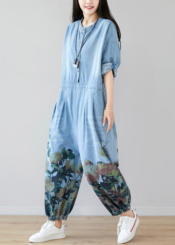 Frauen hellblaue Taschen O-Ausschnitt Print Denim Jumpsuit Frühling