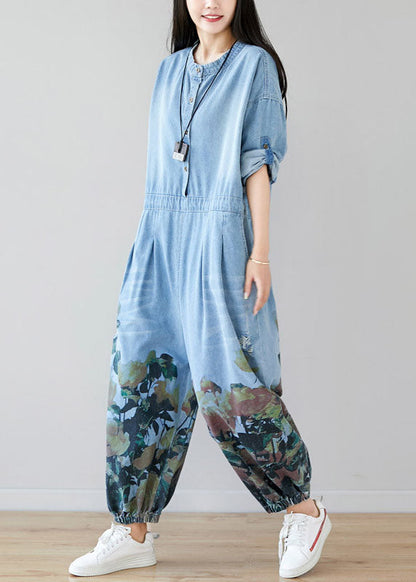 Frauen hellblaue Taschen O-Ausschnitt Print Denim Jumpsuit Frühling