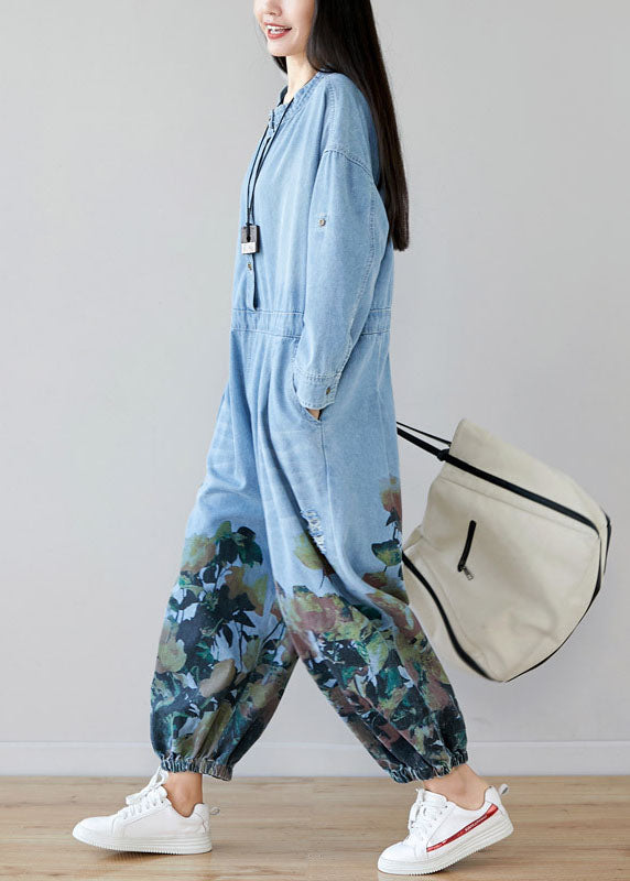 Frauen hellblaue Taschen O-Ausschnitt Print Denim Jumpsuit Frühling