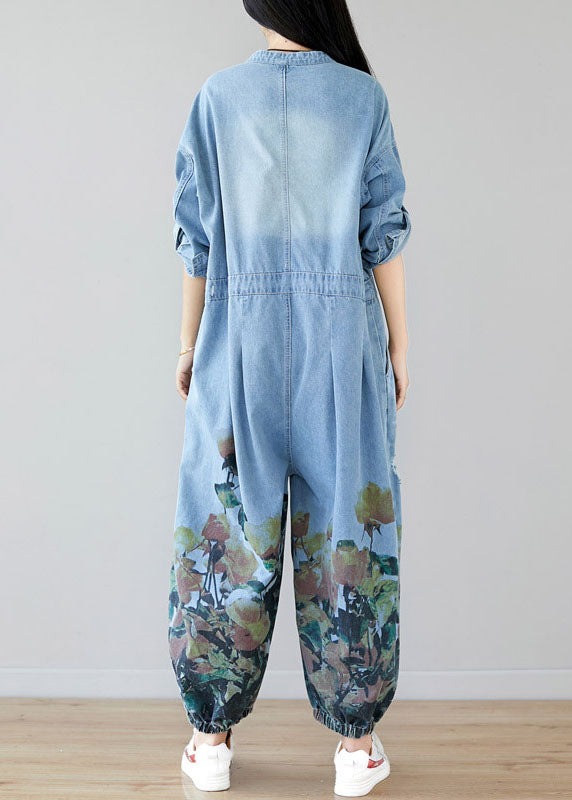 Frauen hellblaue Taschen O-Ausschnitt Print Denim Jumpsuit Frühling