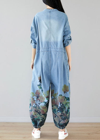Frauen hellblaue Taschen O-Ausschnitt Print Denim Jumpsuit Frühling