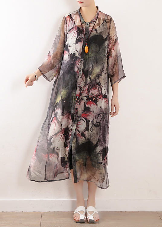 Frauen hellgrau Drucke gemischt Kleid Plus Größe Fotografie Seite offen lange Sommerkleider