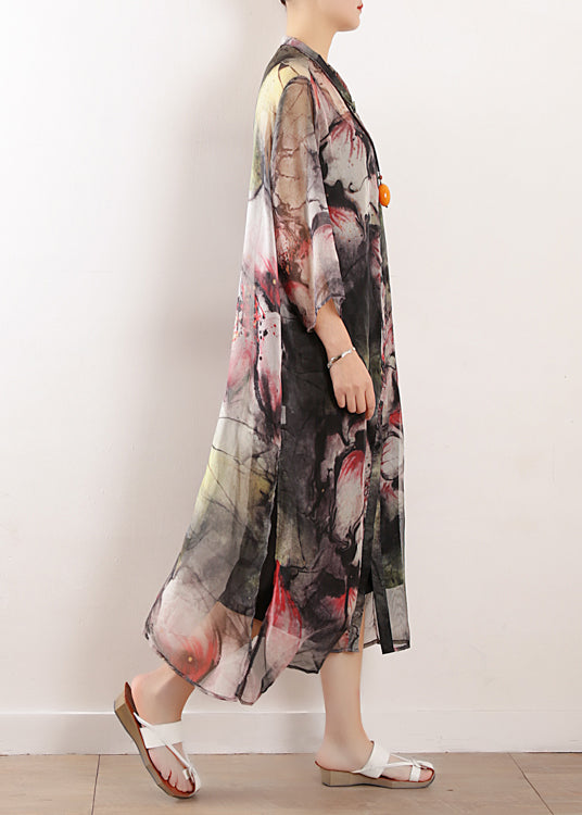 Frauen hellgrau Drucke gemischt Kleid Plus Größe Fotografie Seite offen lange Sommerkleider