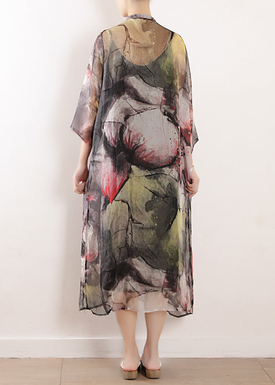 Frauen hellgrau Drucke gemischt Kleid Plus Größe Fotografie Seite offen lange Sommerkleider