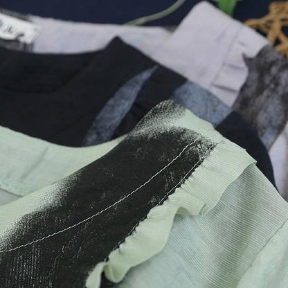 Women light green dotted cotton Blouse o neck loose summer blouse - SooLinen