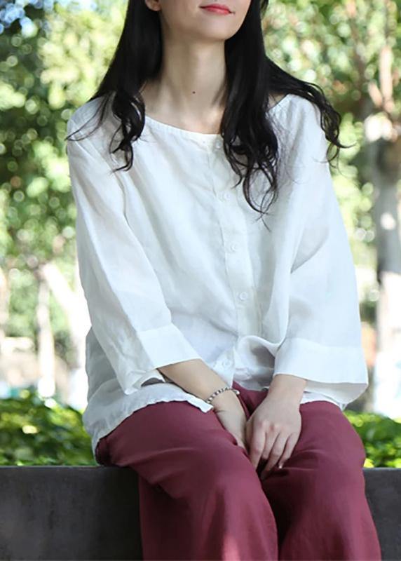 Women linen Blouse Women Solid Color Single Breasted White Reversible Blouse - SooLinen