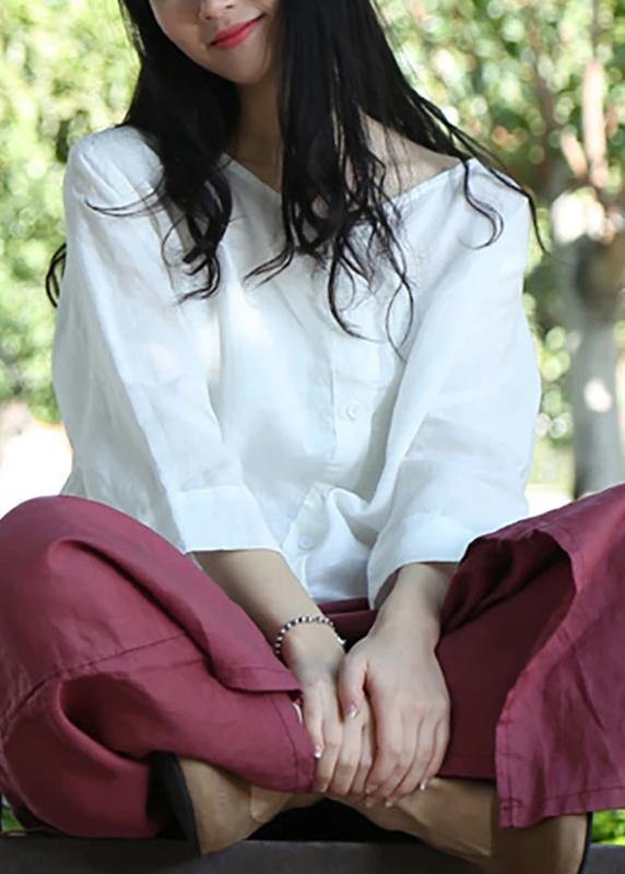 Women linen Blouse Women Solid Color Single Breasted White Reversible Blouse - SooLinen