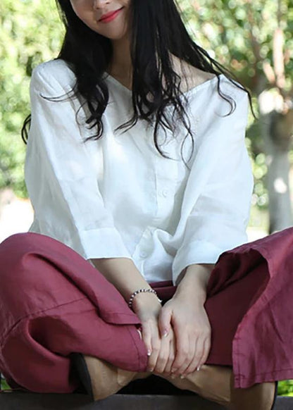 Women linen Blouse Women Solid Color Single Breasted White Reversible Blouse - SooLinen