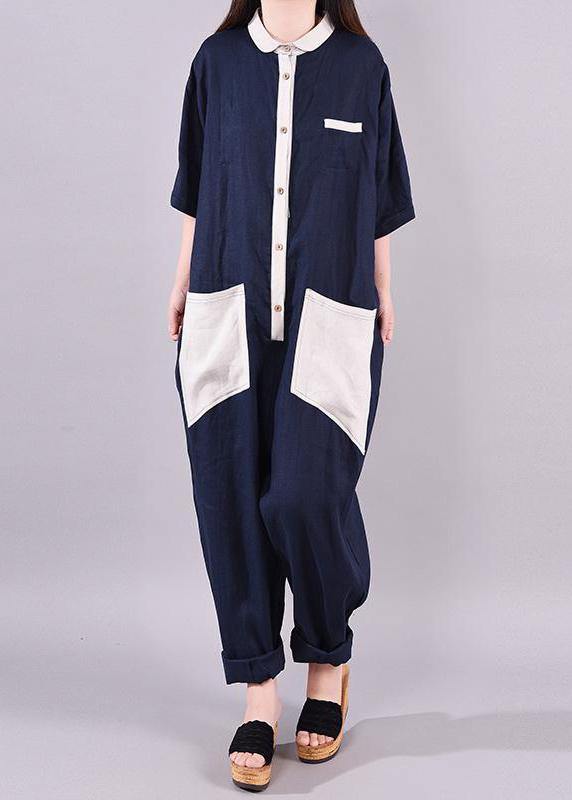 Women linen Fitted Fashion Spliced Big Pockets Casual Romper - SooLinen