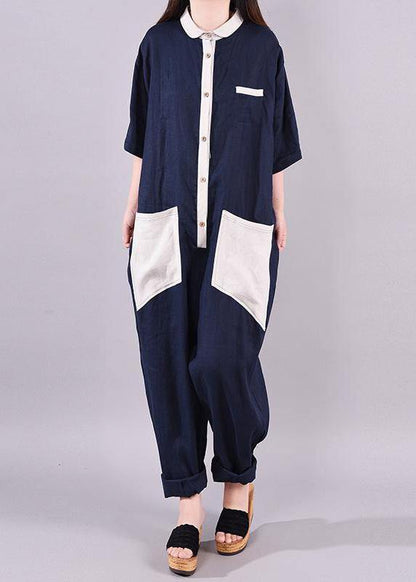 Women linen Fitted Fashion Spliced Big Pockets Casual Romper - SooLinen